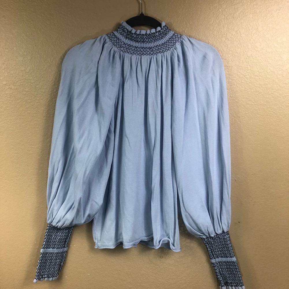 Zara light blue smocked dolman turtleneck. - Picture 6 of 11